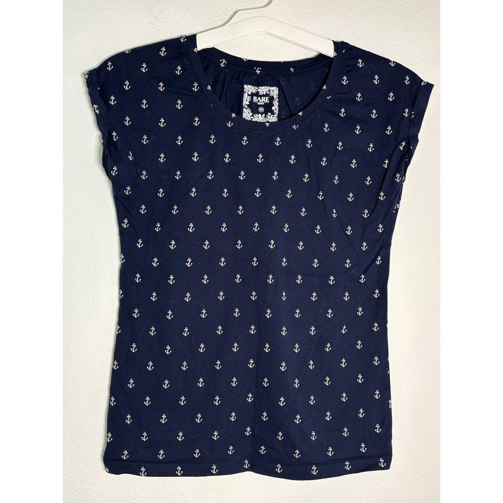 Bare Denim Navy Blue Anchor Print Cap Sleeve Nautical T-Shirt Womens Size M